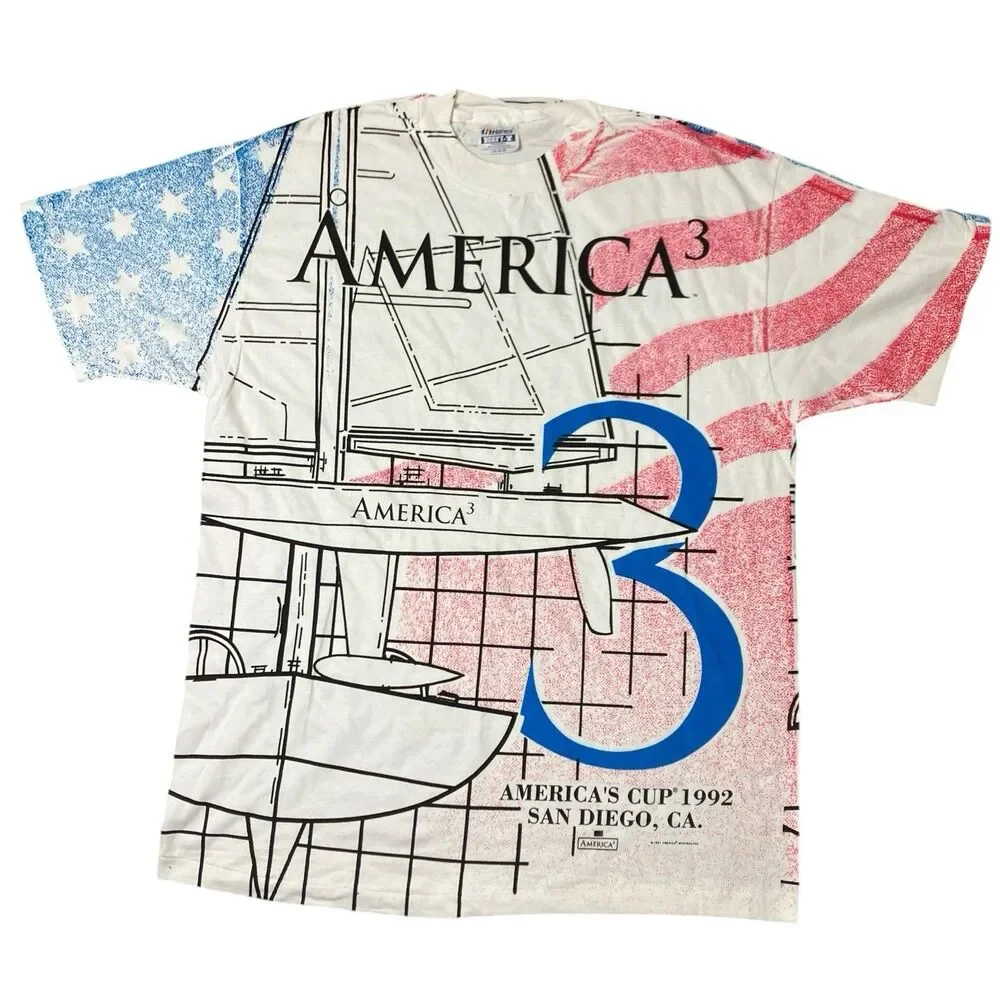 Vintage America’s Cup 1992 T Shirt Mens L White‎ Hanes USA Flag AOP Sailing Tee - Picture 10 of 11